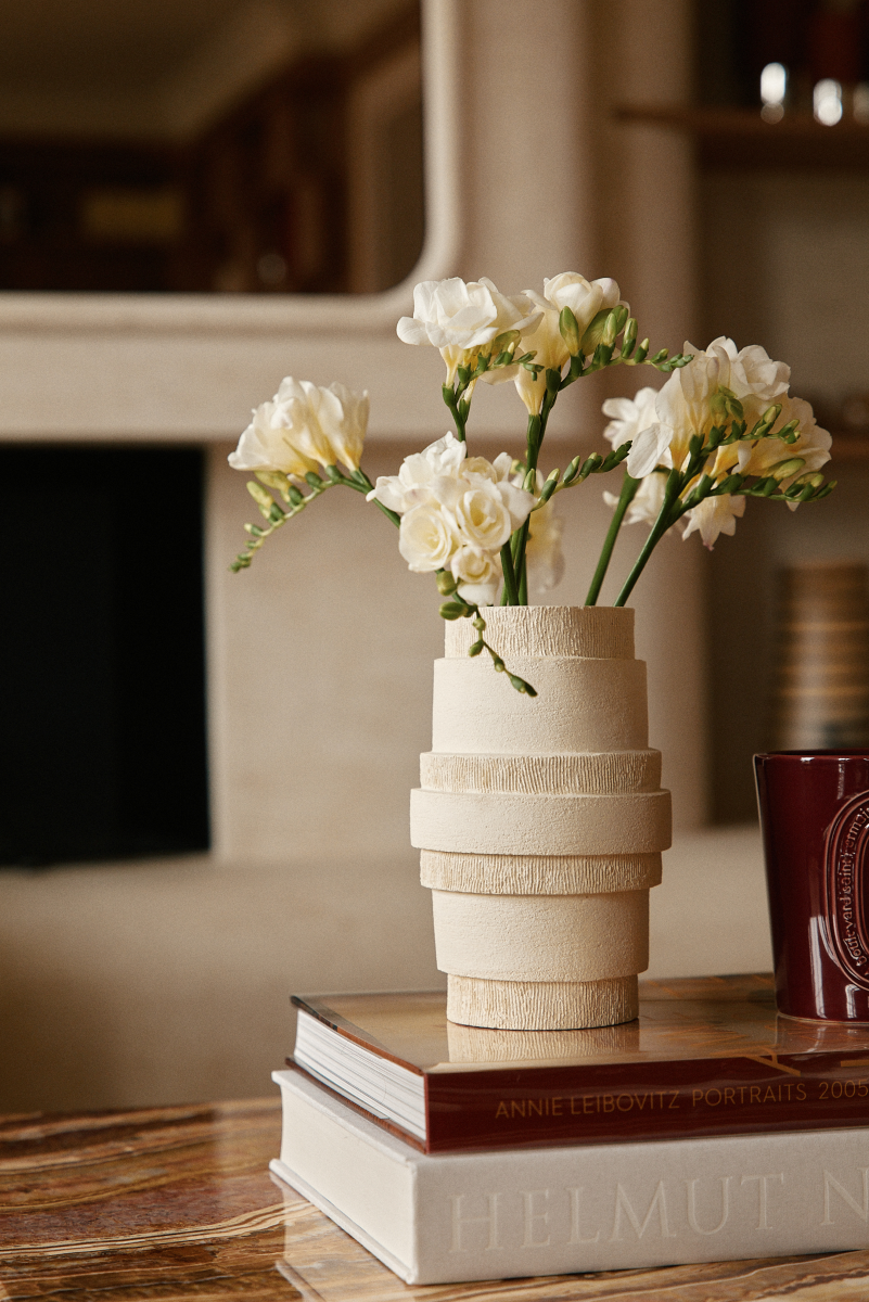 Candle holder/Vase Ecorce Large format in chamotte stoneware by Adeline Delesalle. Scratched surfaces evoking tree bark, transparent glazed interior. Three finishes: raw, cognac, green. Caroline Andréoni Exclusive.