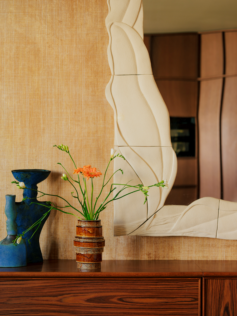 Candle holder/Vase Ecorce Large format in chamotte stoneware by Adeline Delesalle. Scratched surfaces evoking tree bark, transparent glazed interior. Three finishes: raw, cognac, green. Caroline Andréoni Exclusive.