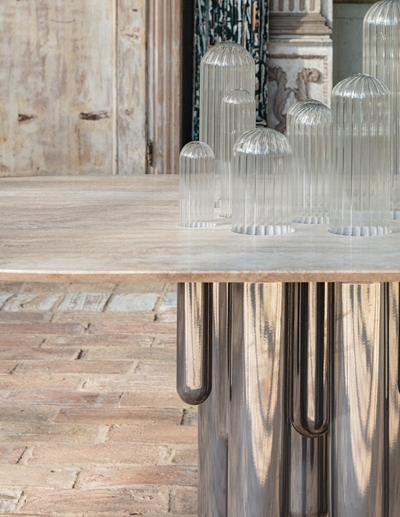 Oval coffee table Cactus by Mickaël Koska, striated Pyrex glass legs and travertine top. Sculptural piece from the Cactus collection, made in Marseille partner workshops, for Caroline Andréoni.