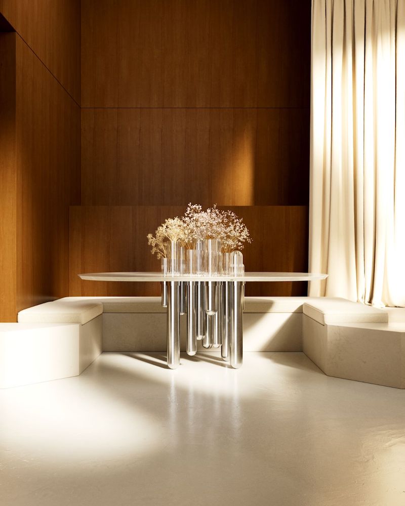Oval coffee table Cactus by Mickaël Koska, striated Pyrex glass legs and travertine top. Sculptural piece from the Cactus collection, made in Marseille partner workshops, for Caroline Andréoni.