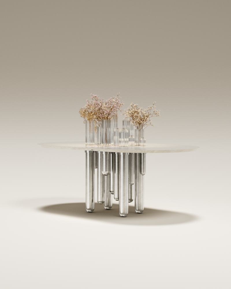 Oval coffee table Cactus by Mickaël Koska, striated Pyrex glass legs and travertine top. Sculptural piece from the Cactus collection, made in Marseille partner workshops, for Caroline Andréoni.