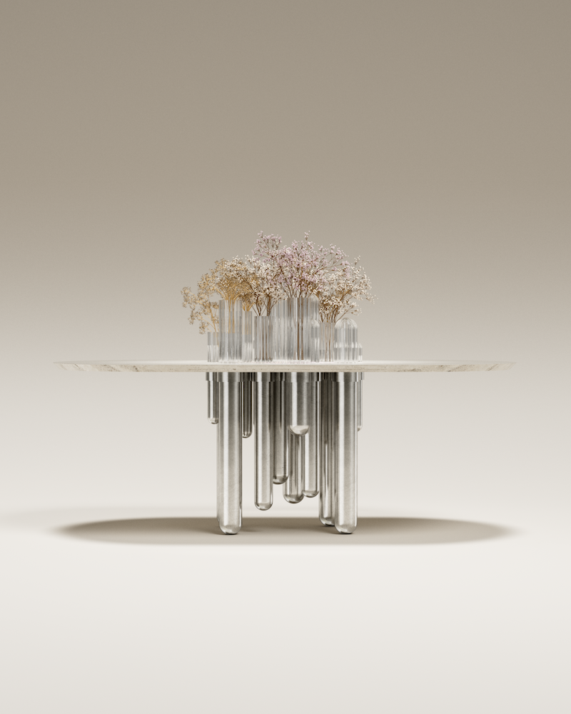 Oval coffee table Cactus by Mickaël Koska, striated Pyrex glass legs and travertine top. Sculptural piece from the Cactus collection, made in Marseille partner workshops, for Caroline Andréoni.