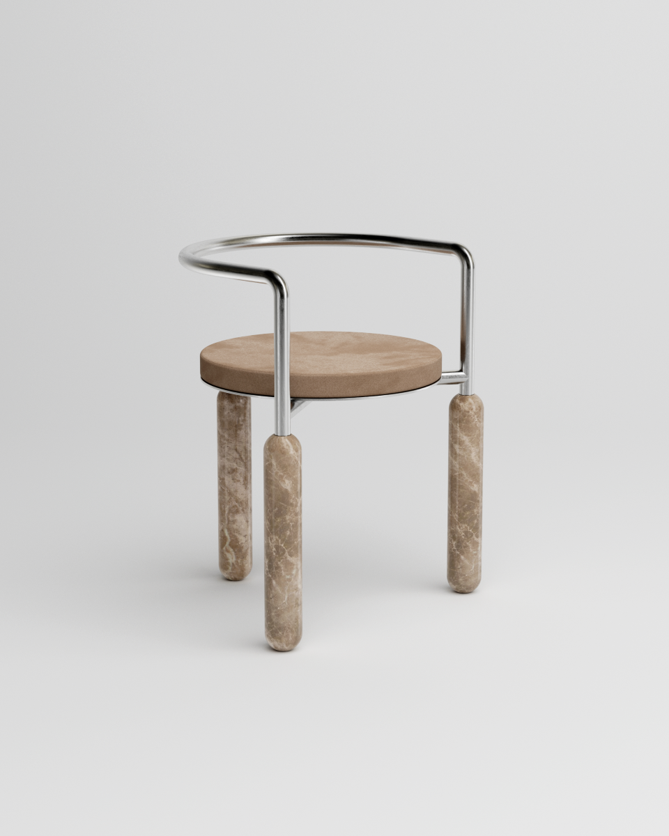 Malmousque évoque les petites criques toutes en rondeur éclairées par le soleil à l'orée du matin. Des bains où la roche, les ondes graphiques méditerranéennes et les reflets du soleil se rencontrent.  Mickaël dessine cette chaise comme une ode aux instants suspendus à Malmousque.