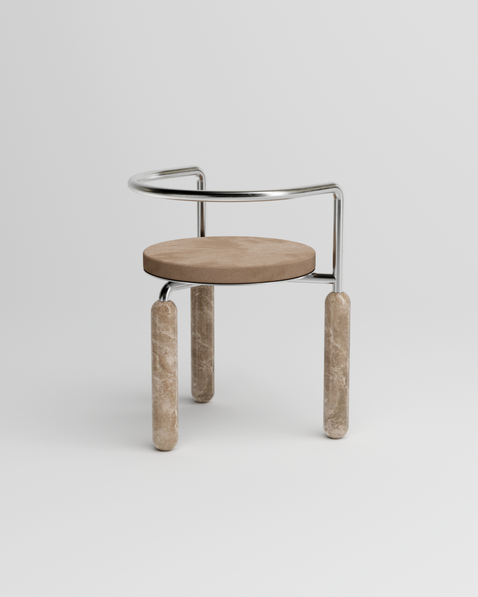 Malmousque évoque les petites criques toutes en rondeur éclairées par le soleil à l'orée du matin. Des bains où la roche, les ondes graphiques méditerranéennes et les reflets du soleil se rencontrent.  Mickaël dessine cette chaise comme une ode aux instants suspendus à Malmousque.