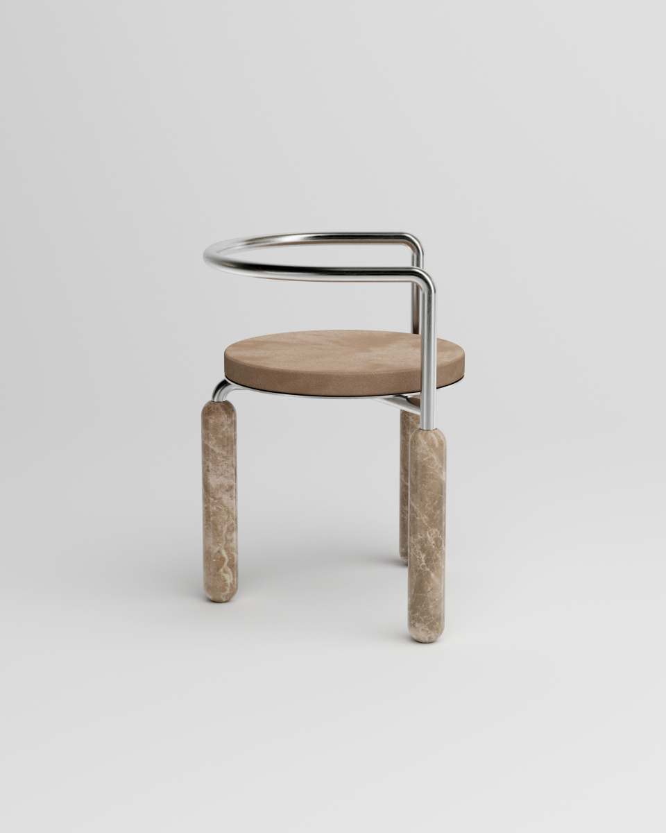 Malmousque évoque les petites criques toutes en rondeur éclairées par le soleil à l'orée du matin. Des bains où la roche, les ondes graphiques méditerranéennes et les reflets du soleil se rencontrent.  Mickaël dessine cette chaise comme une ode aux instants suspendus à Malmousque.