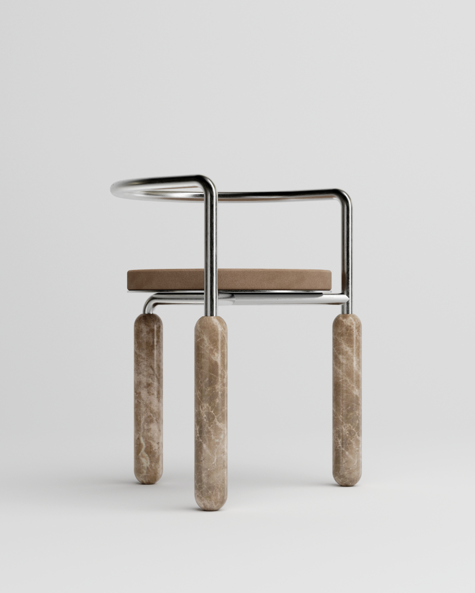 Malmousque évoque les petites criques toutes en rondeur éclairées par le soleil à l'orée du matin. Des bains où la roche, les ondes graphiques méditerranéennes et les reflets du soleil se rencontrent.  Mickaël dessine cette chaise comme une ode aux instants suspendus à Malmousque.