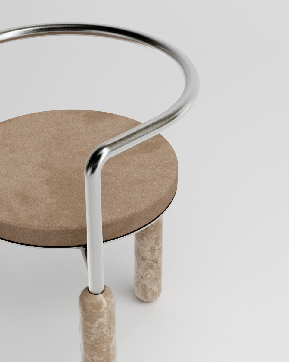 Malmousque évoque les petites criques toutes en rondeur éclairées par le soleil à l'orée du matin. Des bains où la roche, les ondes graphiques méditerranéennes et les reflets du soleil se rencontrent.  Mickaël dessine cette chaise comme une ode aux instants suspendus à Malmousque.