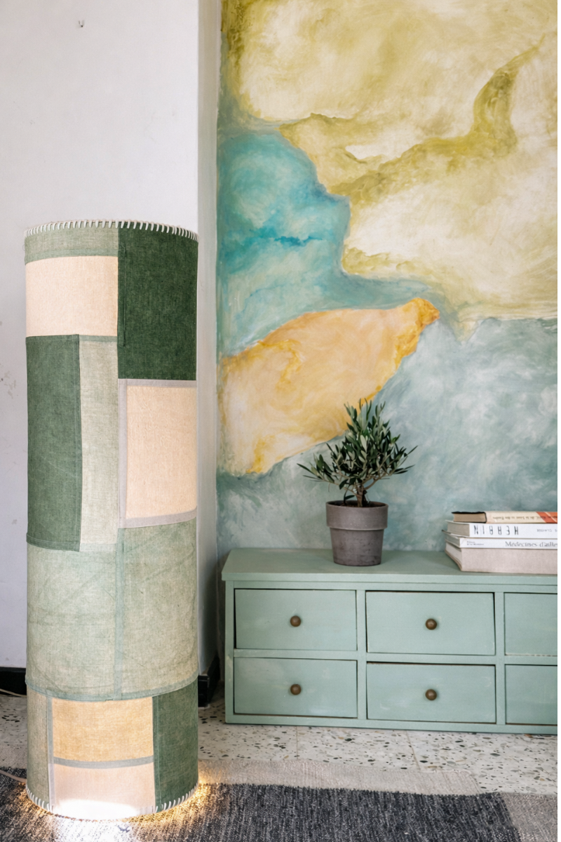 Floor lamp Rubia by Fanny Versace, vintage linen lampshade in Korean Bojagi patchwork, hand-dyed with plant pigments. Each piece unique, tones born from plant decoctions.
