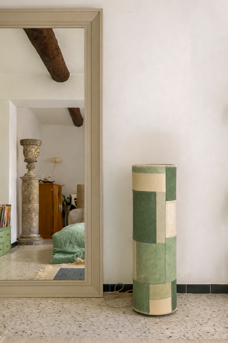 Floor lamp Rubia by Fanny Versace, vintage linen lampshade in Korean Bojagi patchwork, hand-dyed with plant pigments. Each piece unique, tones born from plant decoctions.