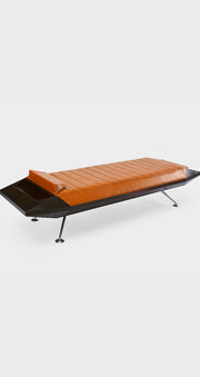 The Méridienne Esprit by HERVET Manufacturier, Macassar ebony, full-grain leather, and solid steel, inspired by 1970s concept cars, handmade in France.