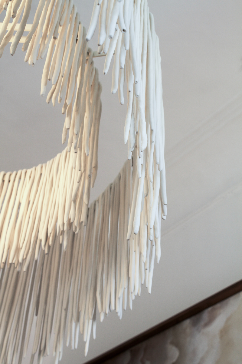 Chandelier Libra by Alan Louis, studded with white porcelain needles on a steel frame, hand-shaped in the Ribatejo. Signed and numbered piece.