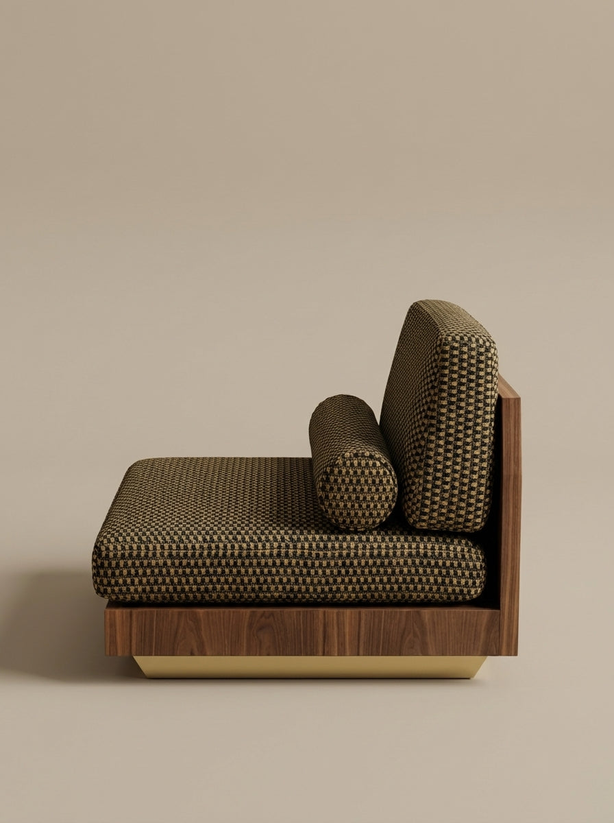 Lounge chair W/S Wood by Alma Ébénistes in American walnut and patinated brass. Designed by Alexis and Martin, for Caroline Andréoni.