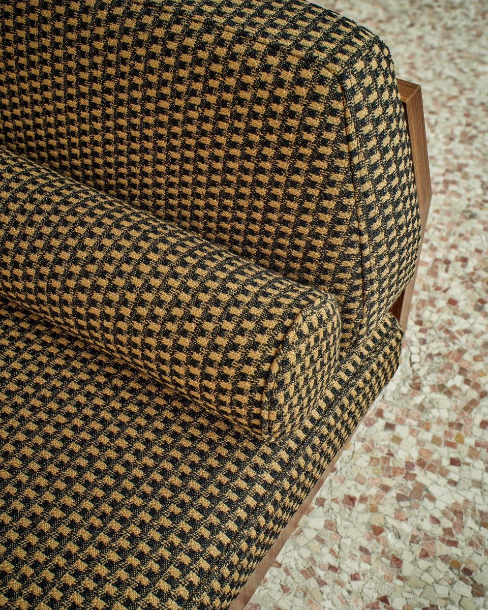 Lounge chair W/S Wood by Alma Ébénistes in American walnut and patinated brass. Designed by Alexis and Martin, for Caroline Andréoni.