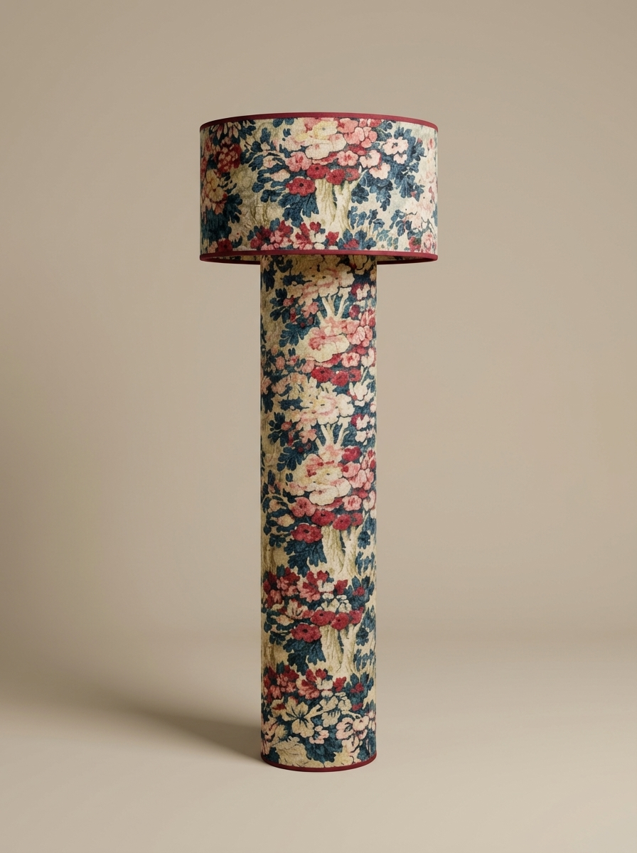Floor lamp Octaveo - Harlow in floral cotton by My Leone. Handmade in Brittany by Marine and her mother. The tube lampshade becomes the base, a singular, luminous piece.