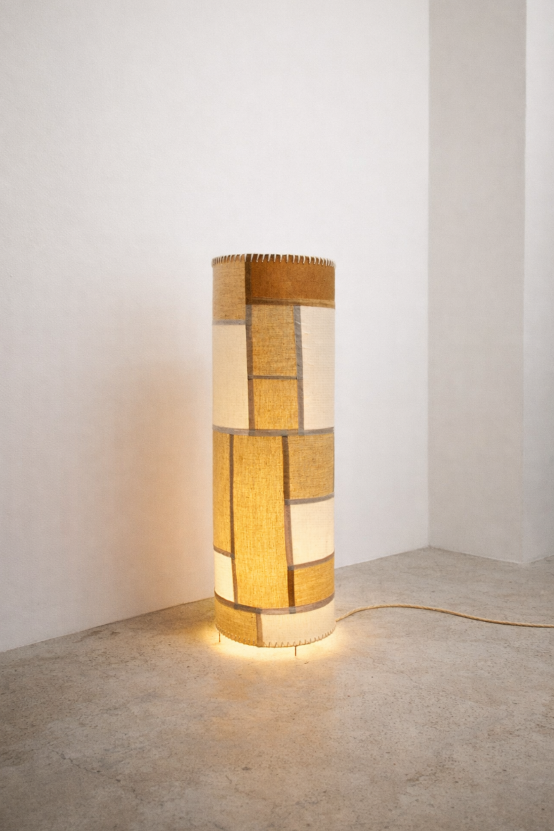 Floor lamp Rubia by Fanny Versace, vintage linen lampshade in Korean Bojagi patchwork, hand-dyed with plant pigments. Each piece unique, tones born from plant decoctions.