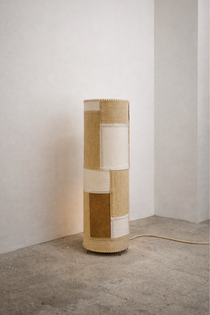 Floor lamp Rubia by Fanny Versace, vintage linen lampshade in Korean Bojagi patchwork, hand-dyed with plant pigments. Each piece unique, tones born from plant decoctions.