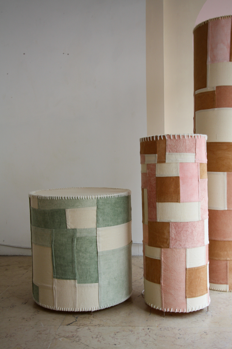 Floor lamp Rubia by Fanny Versace, vintage linen lampshade in Korean Bojagi patchwork, hand-dyed with plant pigments. Each piece unique, tones born from plant decoctions.