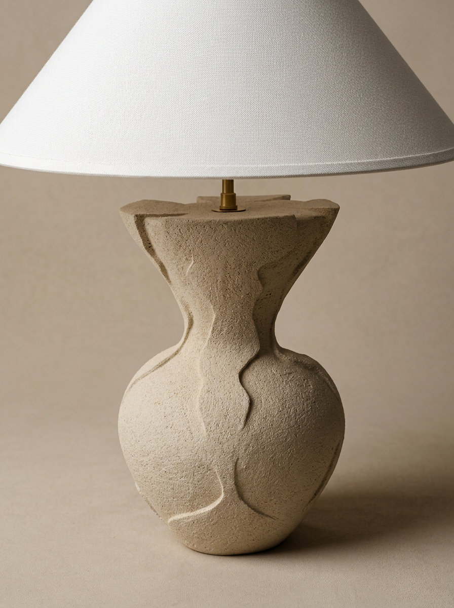 Lampe à poser Paysage, modelée au colombin et à la plaque, en grès crème chamotté brut par Thalia Dalecky : non émaillée, elle semble taillée dans la pierre, habitée de la force calme qui traverse toute la pratique céramique de l'artiste.