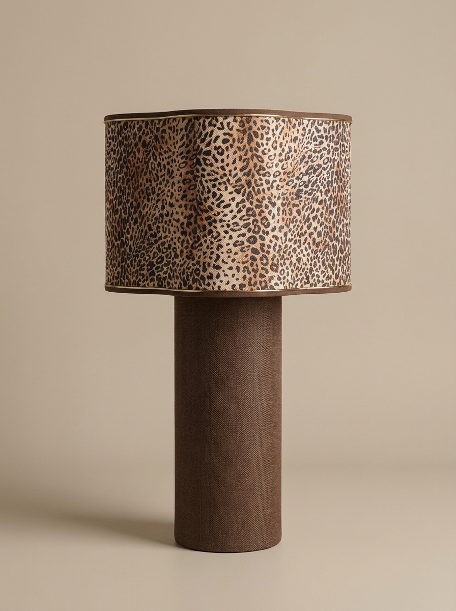 Lampe à poser Sergio en tissu léopard coton et lin par My Leone. Fabriquée à la main par Marine et sa mère dans l’atelier de Vannes. L’abat-jour tube devient pied de lampe, pièce unique.