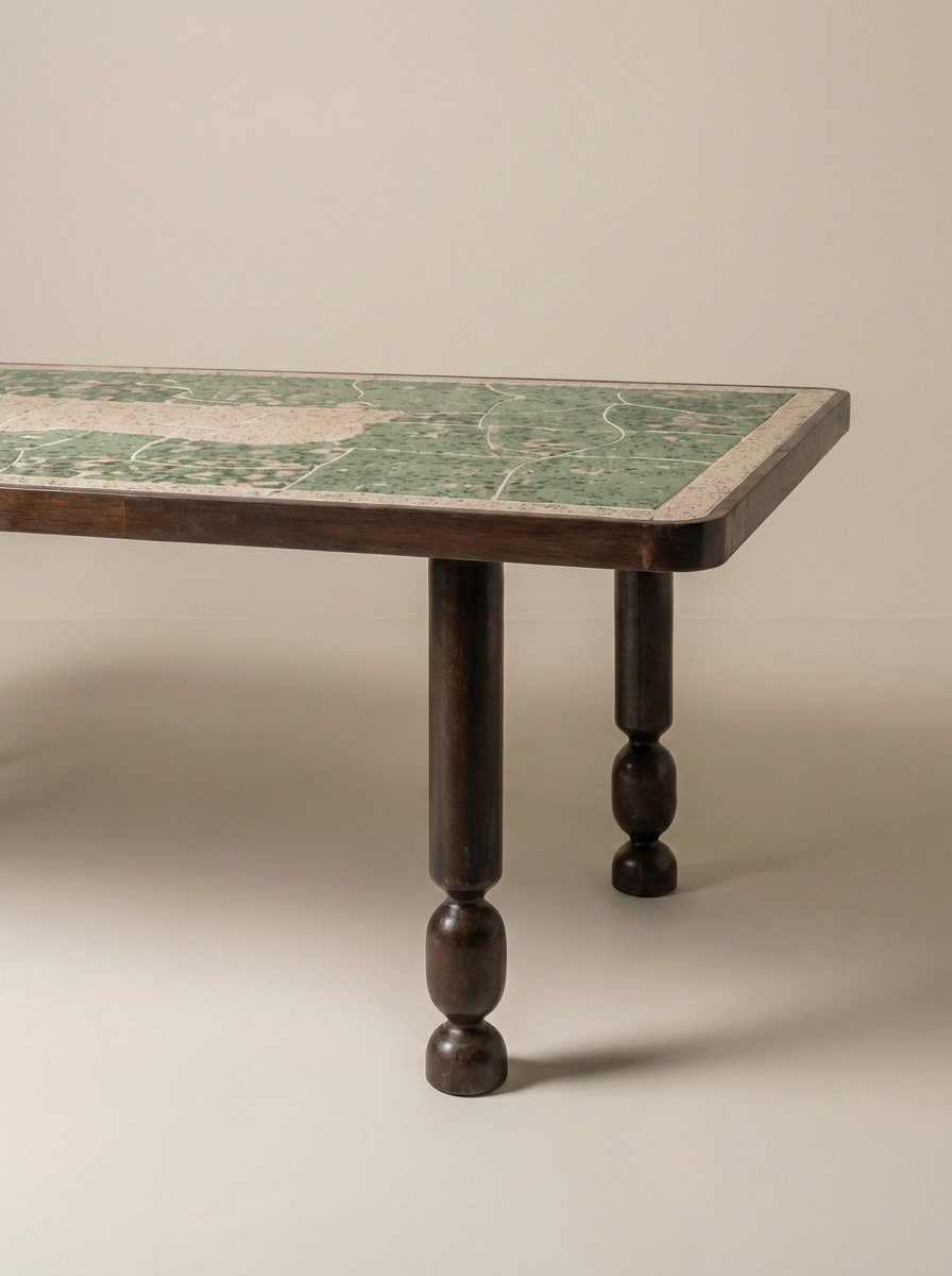 Outdoor dining table Dune by Diane Fekete, glazed ceramic top with sculpted wrought-iron legs. Born of the Marbella project, organic forms and mineral textures for timeless outdoor living.