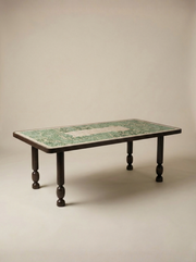 Outdoor dining table Dune by Diane Fekete, glazed ceramic top with sculpted wrought-iron legs. Born of the Marbella project, organic forms and mineral textures for timeless outdoor living.