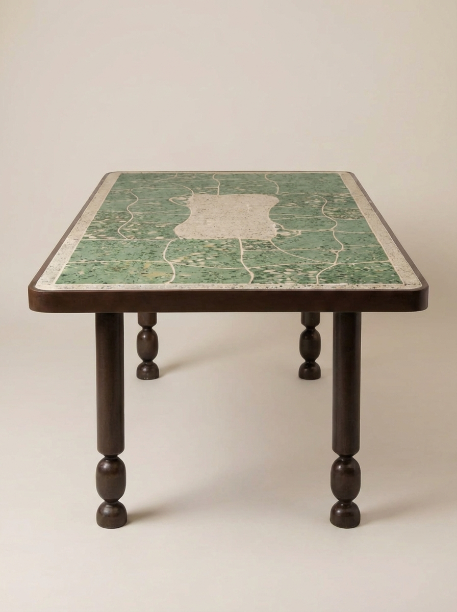 Outdoor dining table Dune by Diane Fekete, glazed ceramic top with sculpted wrought-iron legs. Born of the Marbella project, organic forms and mineral textures for timeless outdoor living.