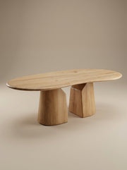 Dining table Elmer by Thomas Coup La Fronde, rounded light oak top on hand-sculpted monolithic legs. Sculptural, organic design, crafted in Lyon for 8 to 10 guests.