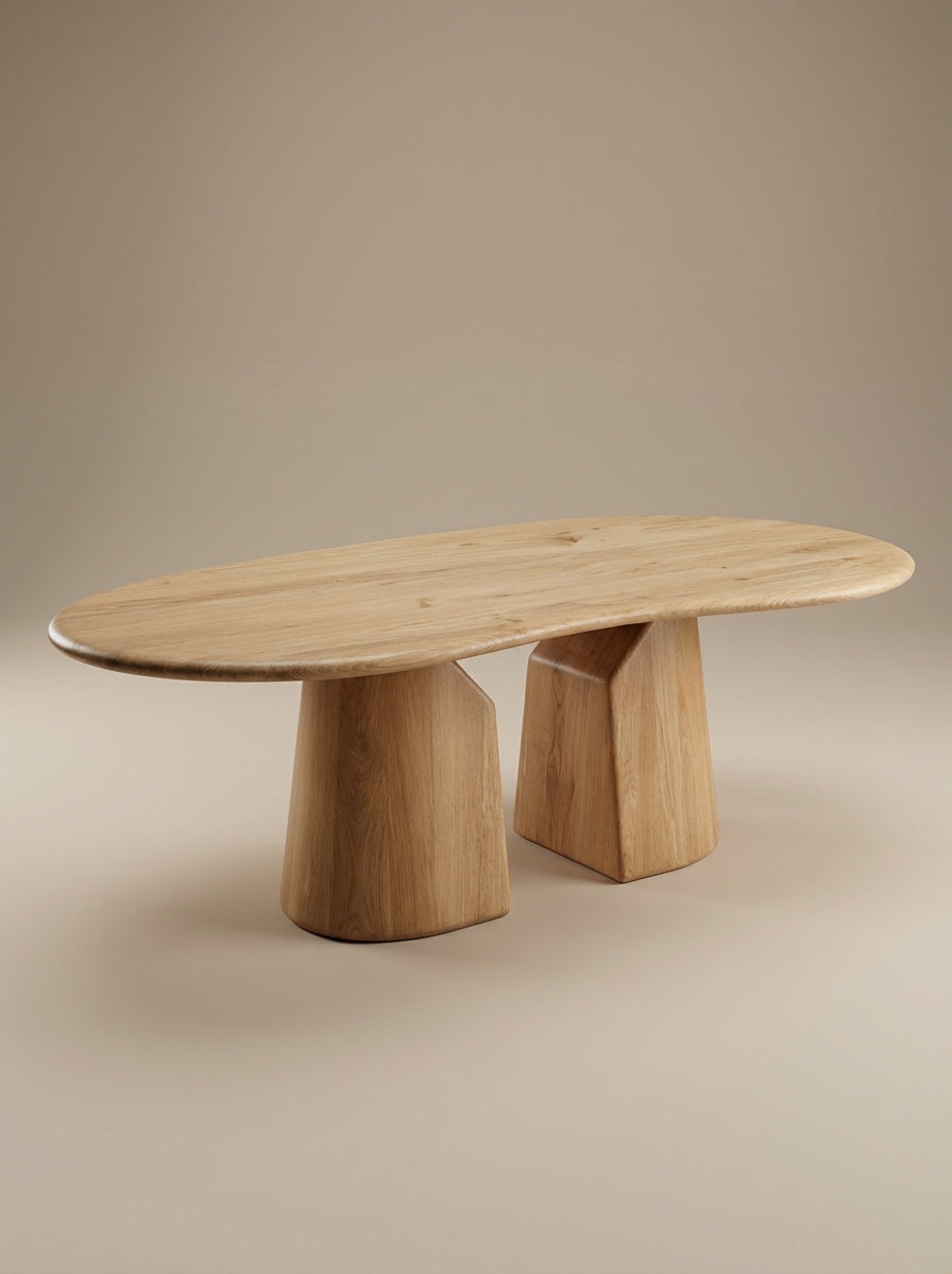 Dining table Elmer by Thomas Coup La Fronde, rounded light oak top on hand-sculpted monolithic legs. Sculptural, organic design, crafted in Lyon for 8 to 10 guests.