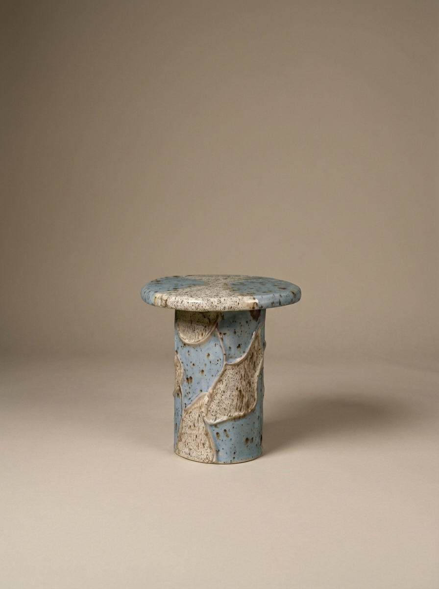 Table d'appoint Basalte, sculpture fonctionnelle en grès façonnée à la main. Le grès chamotté est travaillé, modelé puis laissé à sécher naturellement avant une première cuisson à haute température. Chaque pièce est ensuite émaillée à la main, révélant un jeu de matières et de nuances propre à chaque création.

Ce processus artisanal garantit non seulement la solidité de la pièce, mais aussi son caractère singulier. Les légères irrégularités et variations font partie intégrante de son identité.