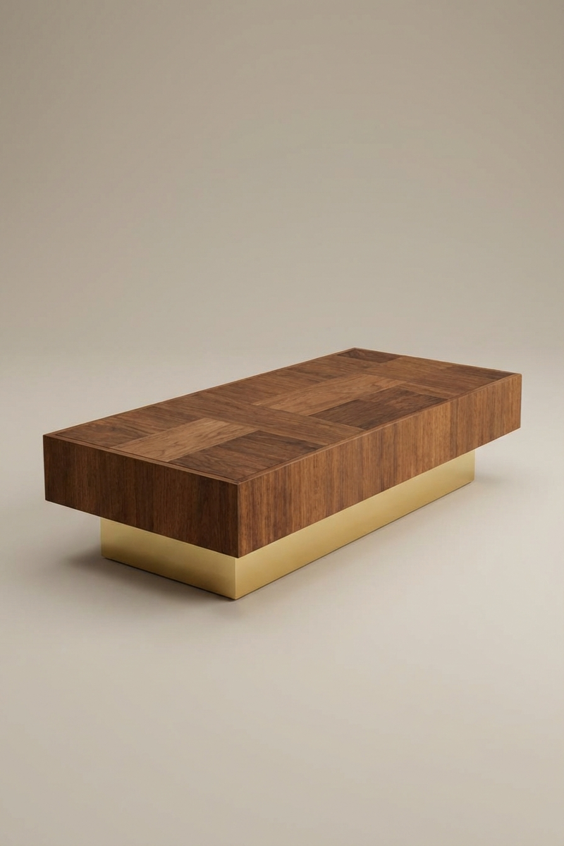 Coffee table Casares by Caroline Andréoni, in American walnut and polished brass. Designed for the Marbella project, available as Solo or Duo.