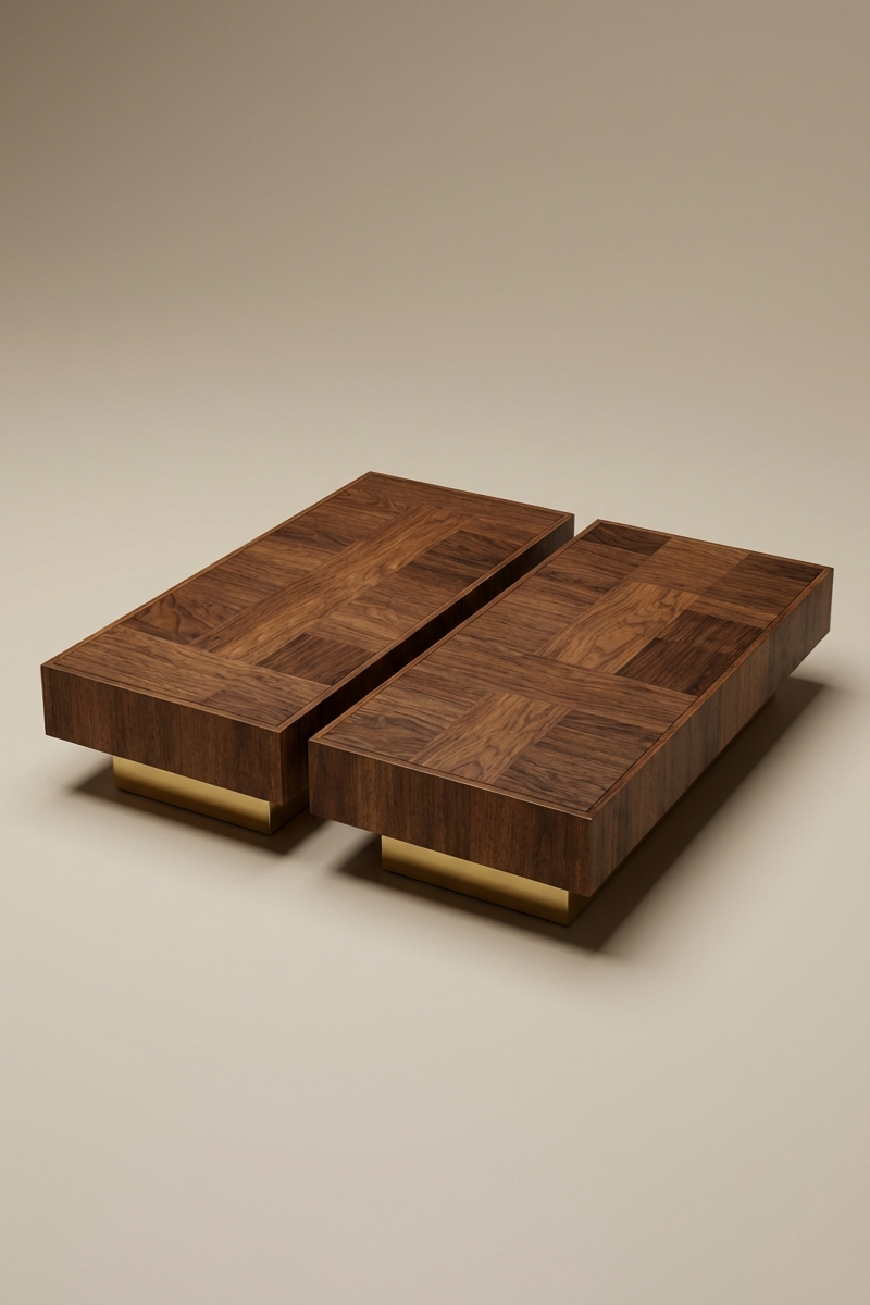 Coffee table Casares by Caroline Andréoni, in American walnut and polished brass. Designed for the Marbella project, available as Solo or Duo.