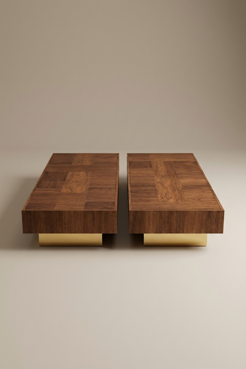 Coffee table Casares by Caroline Andréoni, in American walnut and polished brass. Designed for the Marbella project, available as Solo or Duo.