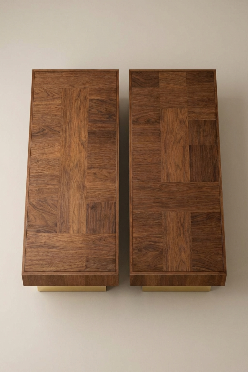 Coffee table Casares by Caroline Andréoni, in American walnut and polished brass. Designed for the Marbella project, available as Solo or Duo.