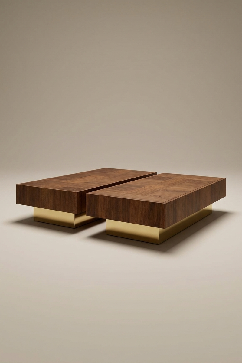 Coffee table Casares by Caroline Andréoni, in American walnut and polished brass. Designed for the Marbella project, available as Solo or Duo.