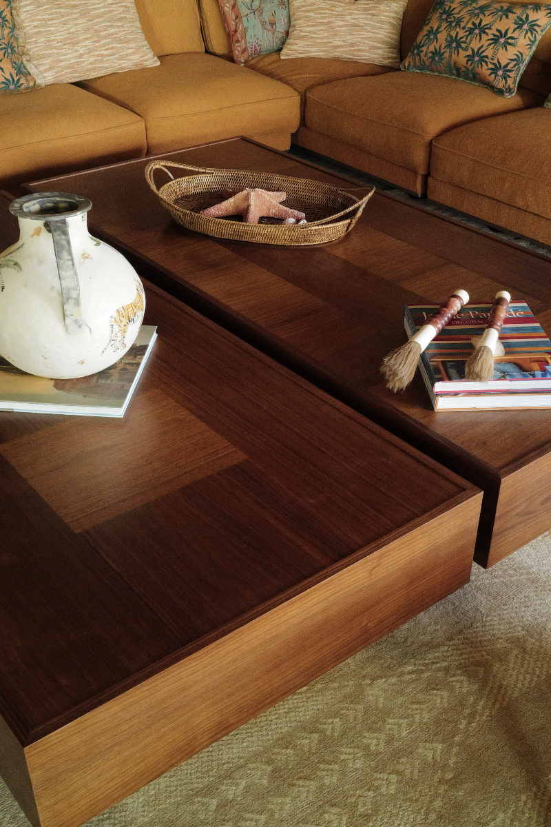 Coffee table Casares by Caroline Andréoni, in American walnut and polished brass. Designed for the Marbella project, available as Solo or Duo.