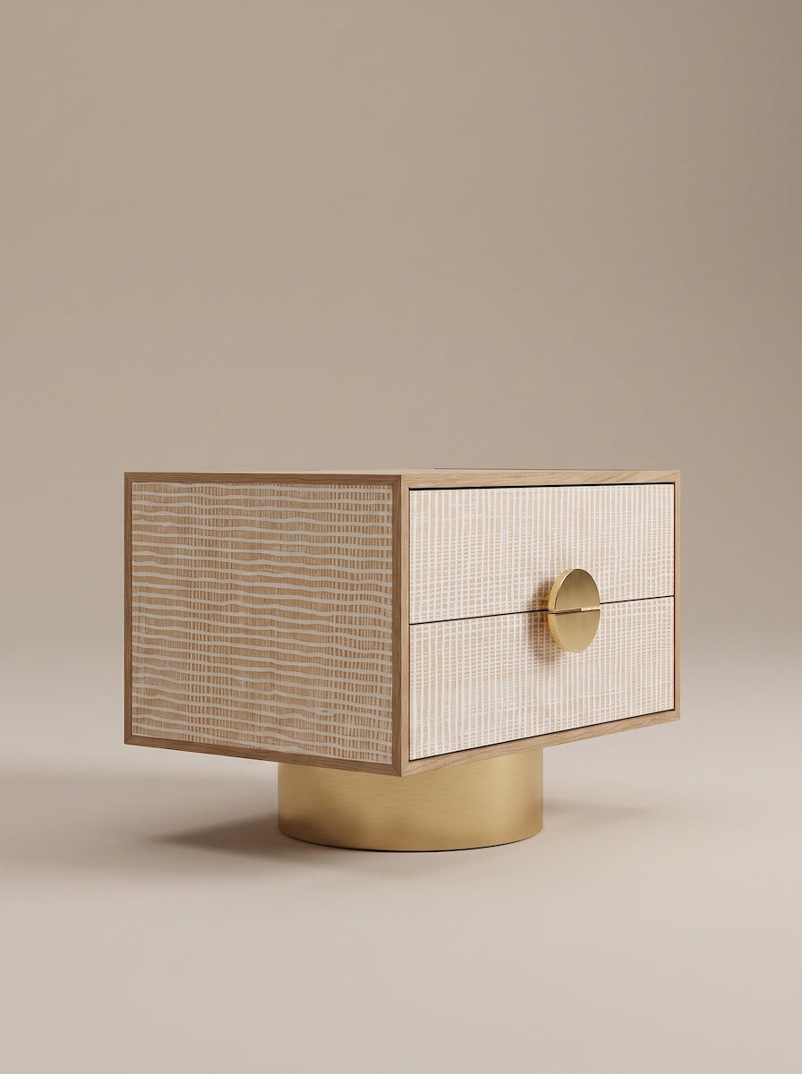 Paire de tables de chevet FAENA, imaginée par Caroline Andreoni pour la master bedroom d'une villa privée à Miami. Le caisson en chêne massif s'habille d'un placage en bois graphique aux tons ivoire et sable, posé sur un socle cylindrique en laiton poli.

Les photos affichées correspondent à la version la plus grande des chevets.