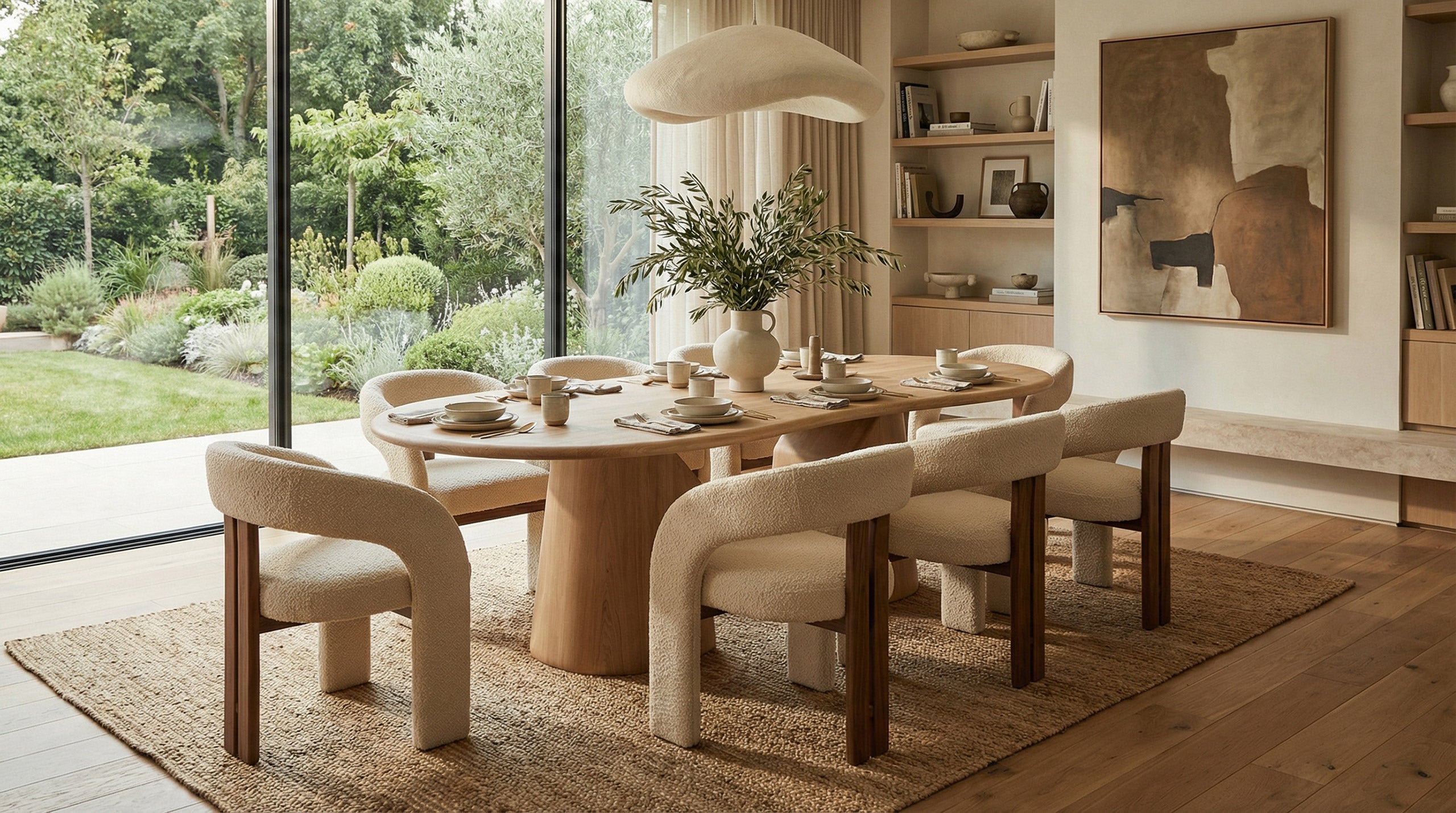 Dining table Elmer by Thomas Coup La Fronde, rounded light oak top on hand-sculpted monolithic legs. Sculptural, organic design, crafted in Lyon for 8 to 10 guests.