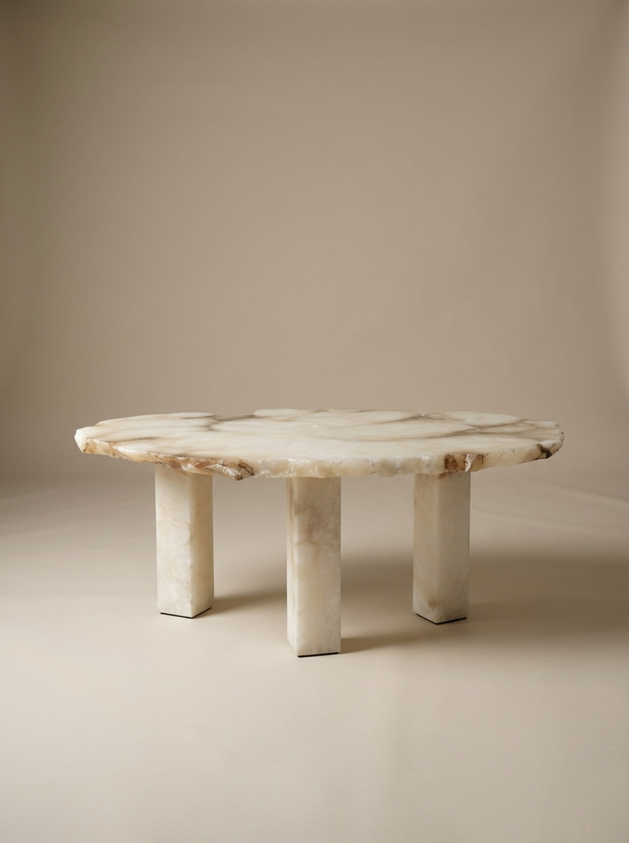 Table basse Vésuve 1P par Alain Ellouz, plateau en albâtre brut sélectionné en carrière. Veinages uniques, lumière traversante, écorce préservée. Chaque pièce est dictée par la nature, unique et intemporelle.