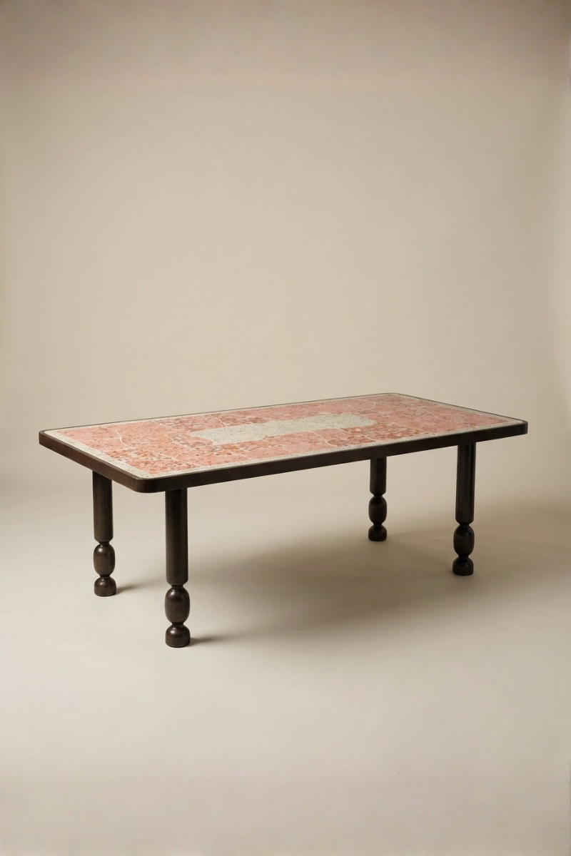 Outdoor dining table Dune by Diane Fekete, glazed ceramic top with sculpted wrought-iron legs. Born of the Marbella project, organic forms and mineral textures for timeless outdoor living.