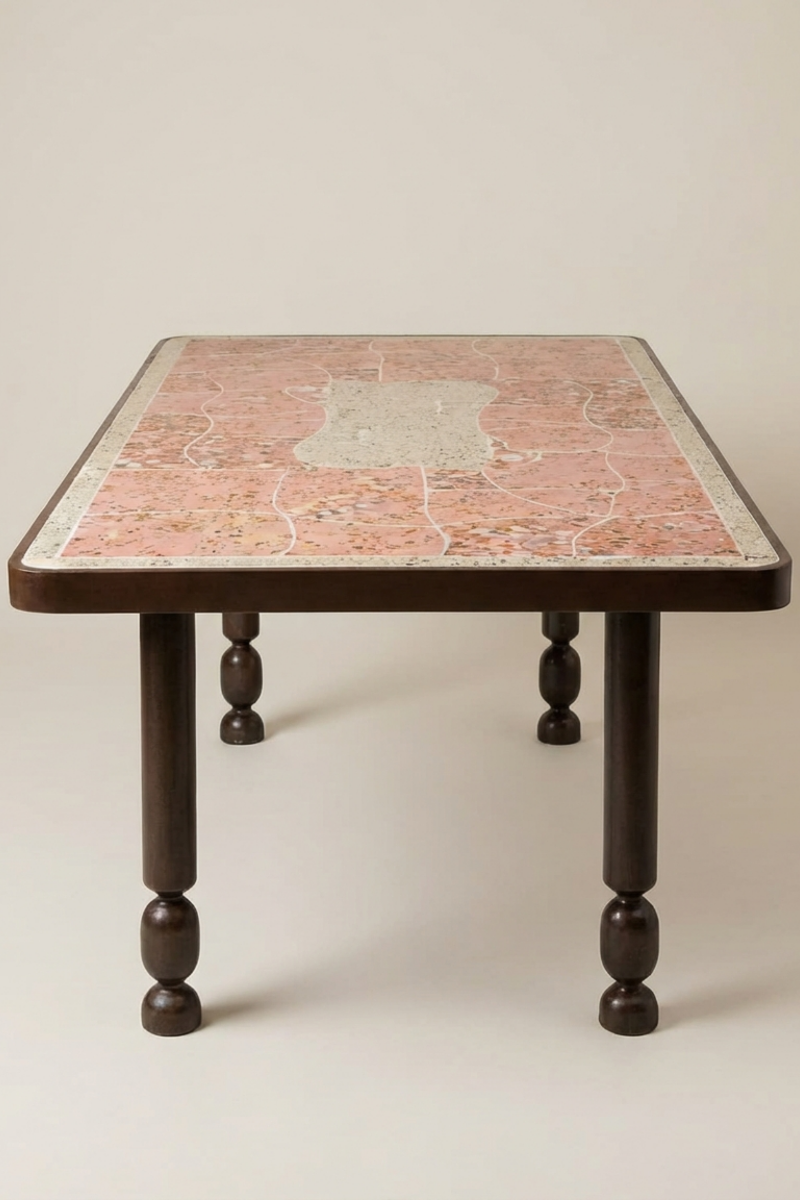 Outdoor dining table Dune by Diane Fekete, glazed ceramic top with sculpted wrought-iron legs. Born of the Marbella project, organic forms and mineral textures for timeless outdoor living.