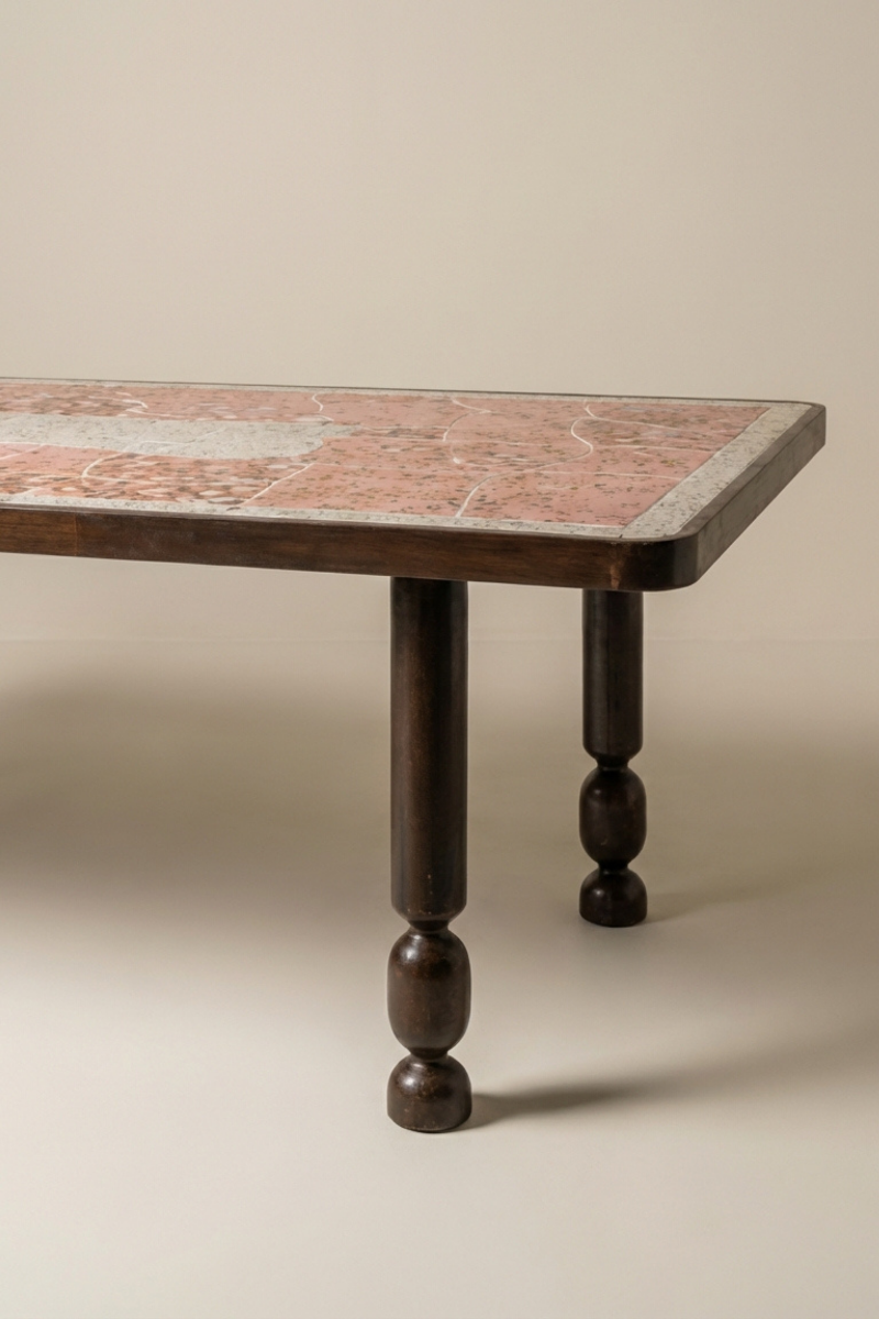 Outdoor dining table Dune by Diane Fekete, glazed ceramic top with sculpted wrought-iron legs. Born of the Marbella project, organic forms and mineral textures for timeless outdoor living.