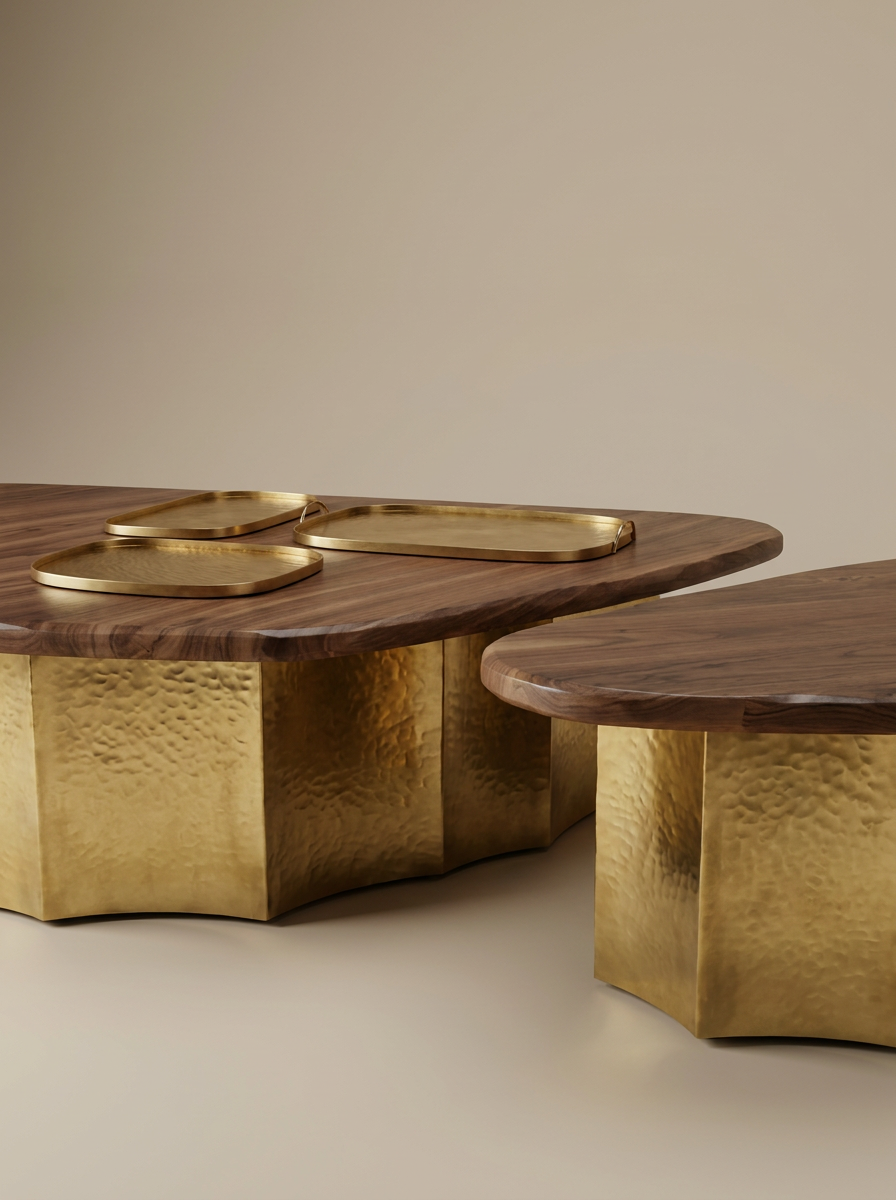 La composition complète des tables basses CASA se compose d'une grande table basse, de deux petites tables basses et de trois plateaux en laiton assortis : un petit, un moyen et un grand modèle doté d'anses. Entièrement façonnée à la main en laiton dans l'atelier toulousain de Laura Demichelis, elle révèle toute la richesse d'un savoir-faire artisanal d'exception.