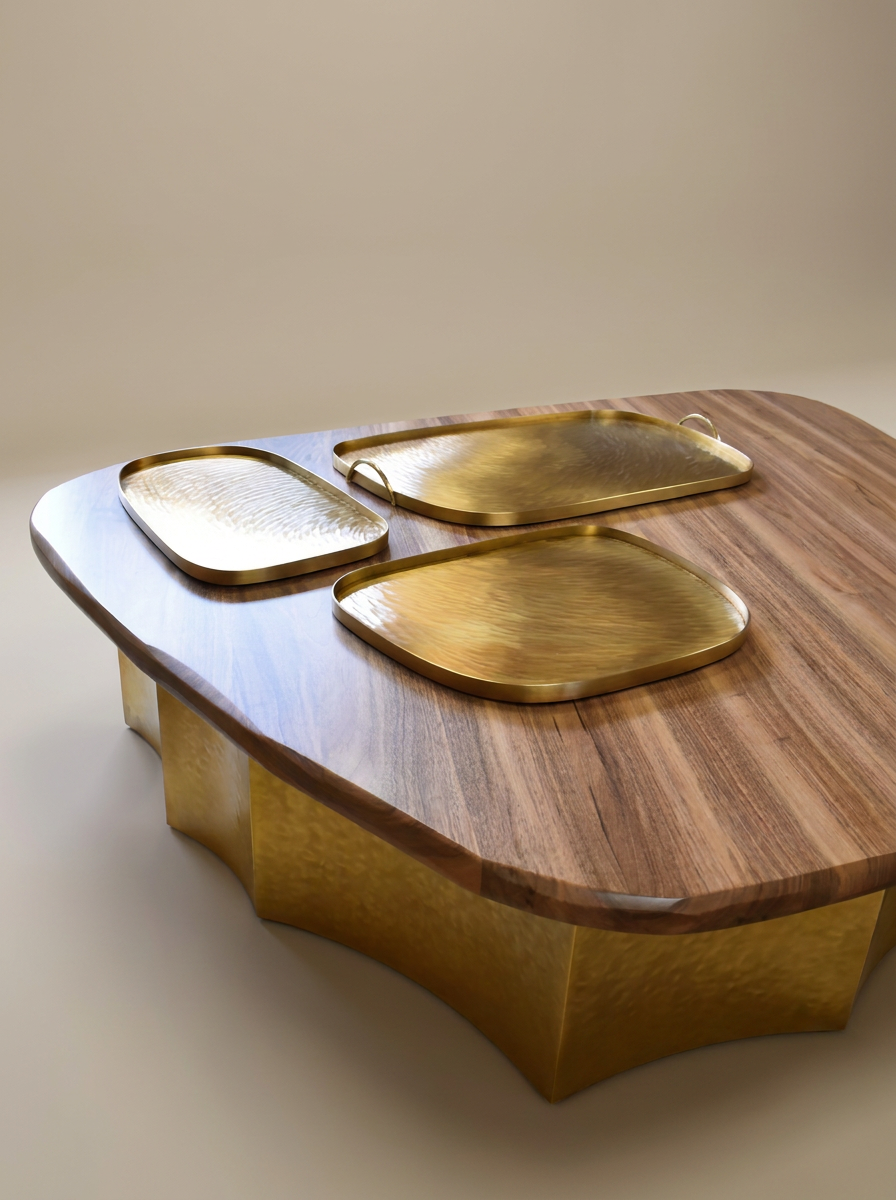 Table basse CASA entièrement façonnée à la main en laiton dans l'atelier toulousain de Laura Demichelis, révèle tout le caractère d'un savoir-faire artisanal d'exception. Sa structure en laiton massif, aux reflets chaleureux, est surmontée d'un élégant plateau en bois qui apporte contraste, chaleur et raffinement. L'ensemble offre une présence sculpturale tout en s'intégrant avec douceur à votre intérieur.