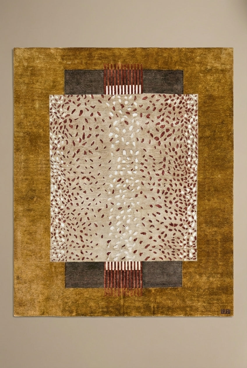 Le tapis Amalgame, signé Maison LELEU, combine tradition et innovation grâce à une technique de nouage ancestrale.
Cette méthode permet de recréer l’illusion d’un tissage kilim, tout en offrant une précision et une richesse de détails qu’un kilim classique ne peut atteindre. La fusion de la soie de bambou et de la laine crée une surface à la fois douce, contrastée et tactile, qui semble presque vivante sous le toucher.