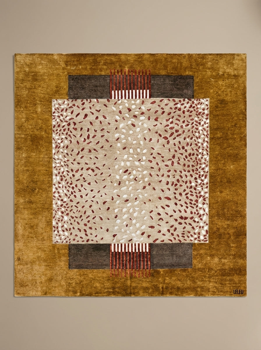 Tapis Amalgame par Maison LELEU, soie de bambou et laine nouées à la main. Illusion kilim aux motifs graphiques abstraits et ethniques. Surface douce, contrastée et tactile, trois tailles disponibles.