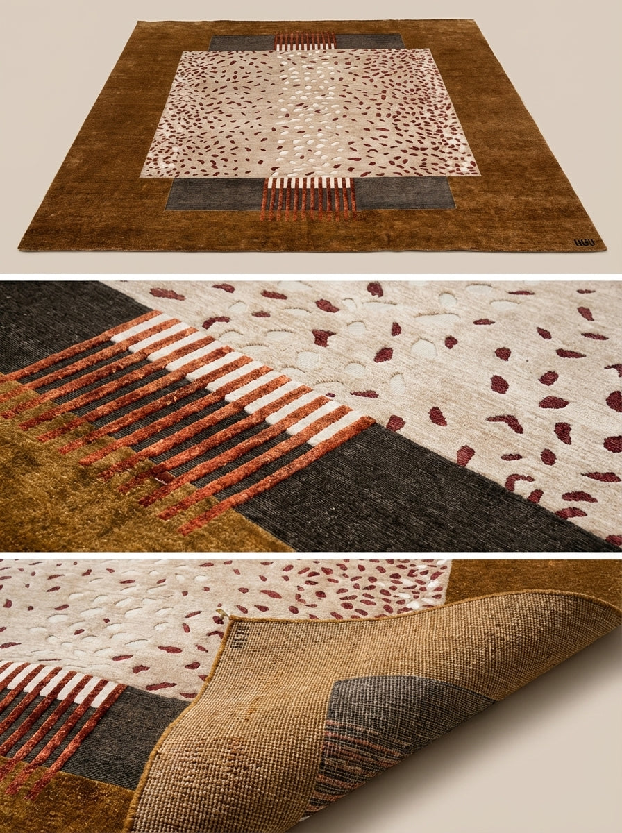 Le tapis Amalgame, signé Maison LELEU, combine tradition et innovation grâce à une technique de nouage ancestrale.
Cette méthode permet de recréer l’illusion d’un tissage kilim, tout en offrant une précision et une richesse de détails qu’un kilim classique ne peut atteindre. La fusion de la soie de bambou et de la laine crée une surface à la fois douce, contrastée et tactile, qui semble presque vivante sous le toucher.