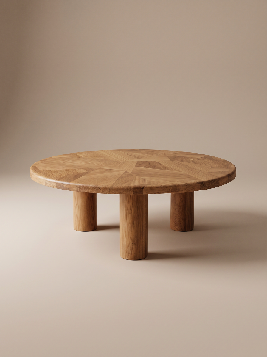 Grande table basse sculpturale en chêne massif de réemploi, façonnée artisanalement à la commande à Lyon. Assemblage de formes douces et courbes, plateau composé de chutes sélectionnées.