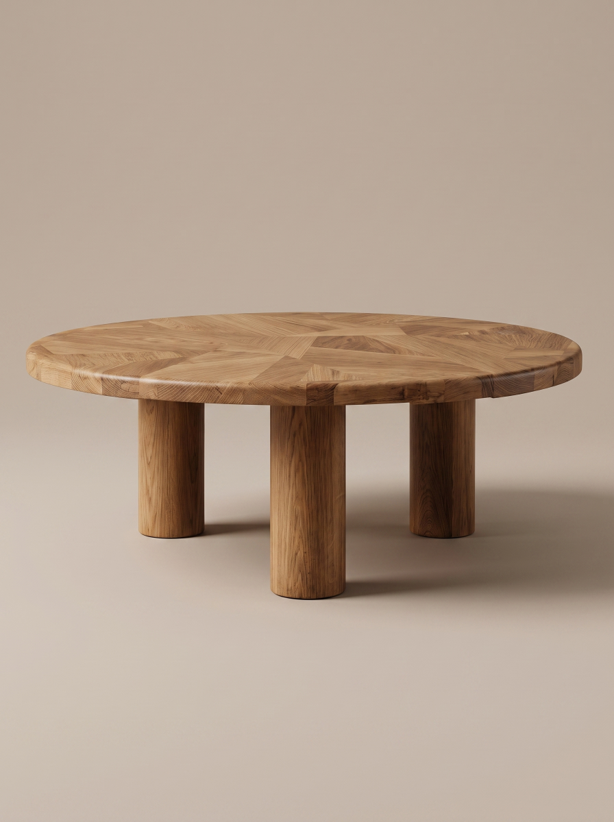 Grande table basse sculpturale en chêne massif de réemploi, façonnée artisanalement à la commande à Lyon. Assemblage de formes douces et courbes, plateau composé de chutes sélectionnées.