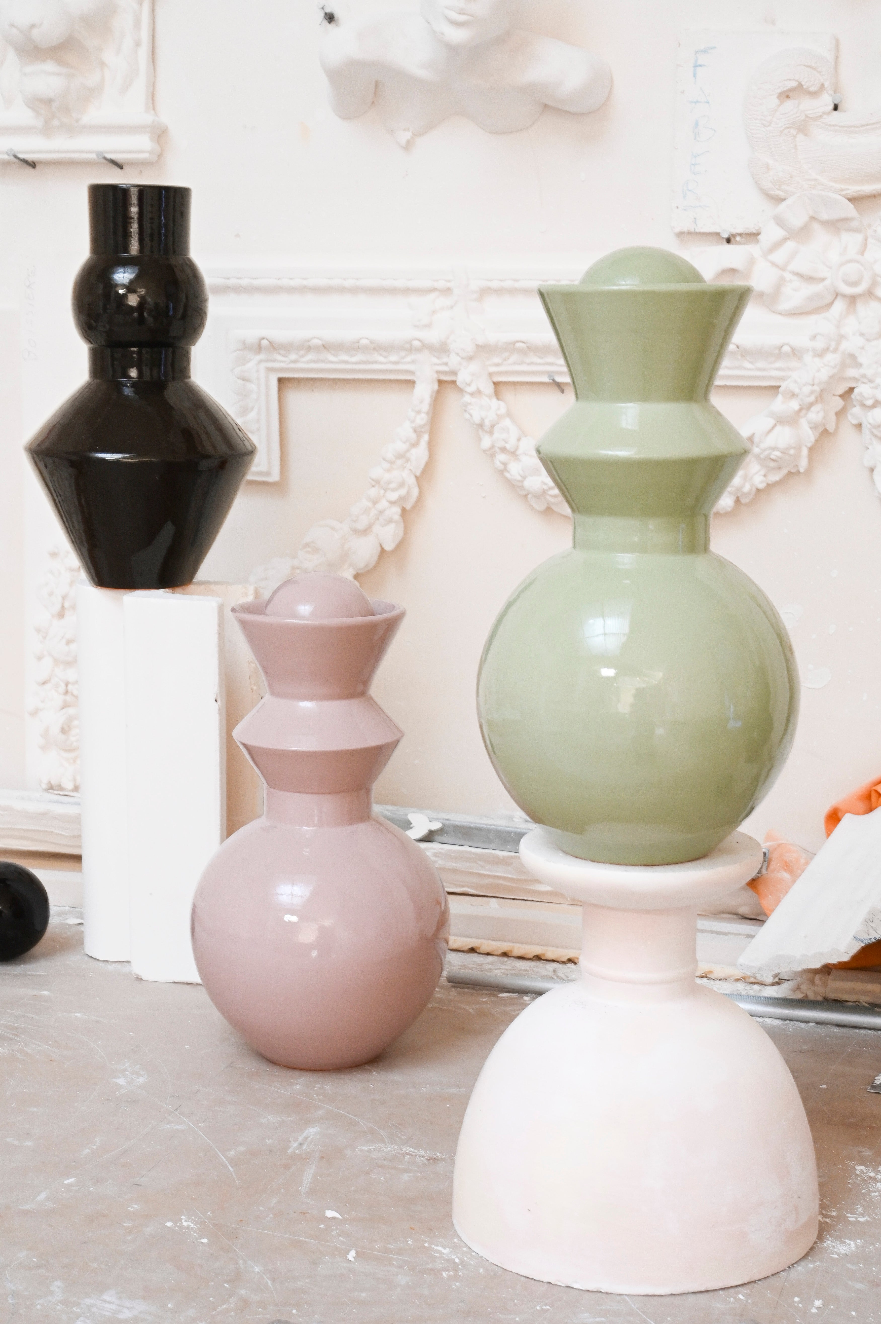 Vase Pino Vert Brenta by Caroline Andréoni. Hand-thrown glazed earthenware in deep Brenta green, with its removable sphere that shifts between vase and sculpture.