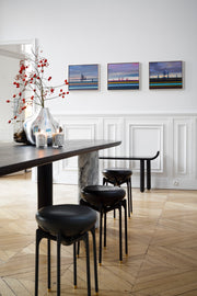 Dining table Maho Stone by Caroline Andréoni, in Yakisugi-charred teak and turned branco marble. Organic form with asymmetrical legs, created for the Private Choice 2022 exhibition.